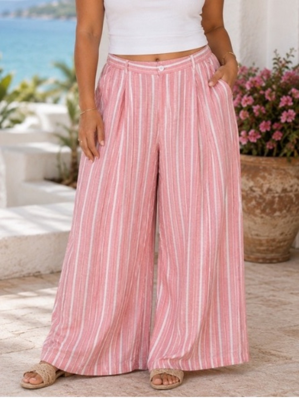 Aerie Pool-To-Party Linen Blend High Waisted Trouser Large Coral White Stripe - Picture 3 of 15